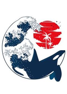 an image of the great wave off the coast of kanishima in blue and red