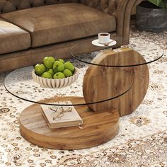 a coffee table with some green apples on it