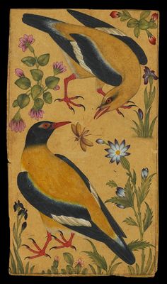 two birds sitting on top of each other in front of flowers and leaves with butterflies