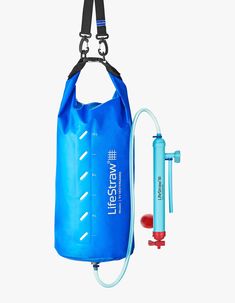 a blue water bag attached to a hook