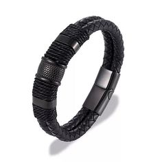 Double Layer Woven Leather Mens Bracelet - Gifts for Him - Main - Black Adjustable Black Braided Bracelet, Masculine Black Adjustable Bracelets, Masculine Adjustable Black Bracelets, Durable Black Braided Bracelet As Gift, Durable Black Braided Bracelets As Gift, Durable Black Braided Bracelet Gift, Adjustable Black Leather Bracelet With Stainless Steel Clasp, Modern Black Braided Bracelets, Adjustable Black Braided Bracelet With Stainless Steel Clasp