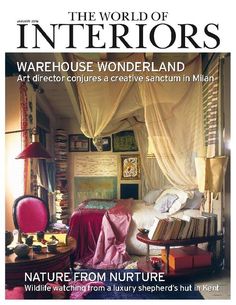 the front cover of an interior magazine, featuring a bedroom with pink furniture and curtains