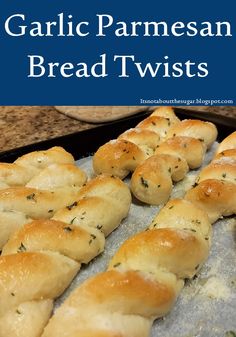 Image depicts a pan of twisted breadsticks that are coated in garlic butter and parmesan cheese. Above the image is a title that reads "Garlic Parmesan Bread Twists." Cheesy Bread Twists, Bread Twists Recipe, Garlic Bread Twists, Parmesan Twists, Garlic Twists, Garlic Parmesan Breadsticks, Garlic Parmesan Bread, Parmesan Breadsticks, Garlic Bread Sticks