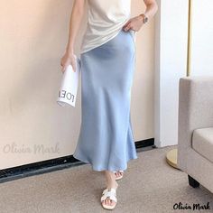 Olivia Mark - High-waisted Silk Blend Pencil Skirt with Flared Hem Fish Skirt, Black Denim Midi Skirt, Turquoise Maxi Dress, Pink Pleated Skirt, Silk Midi Skirt, Flowy Design, Fish Tail, Satin Midi Skirt, Half Skirt