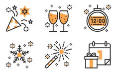 the new year's eve icon set includes champagne glasses, gifts and other items