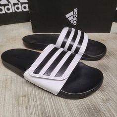 Brand New, Adjusts With Velcro **Ships In 1 Business Day** Adidas Synthetic Slide Flip Flops, Adidas Cushioned Slide Flip Flops, White Adidas Synthetic Slides, Adidas Non-slip Slides, Adidas Non-slip Beach Slides, White Slides Sandals, Black And White Sandals, Adidas Slides, White Slides