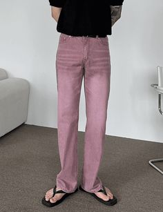 Rose-And-Rose Men's Laundry Pigment Semi Wide Denim Pants Pink ROSE017 PNK - APLAZE Pink Full-length Jeans, Pink Straight Leg Jeans With Pockets, Pink Relaxed Fit Wide Leg Jeans, Pink Full-length Cotton Jeans, Pink High Waist Relaxed Fit Jeans, Pink High-waisted Relaxed Fit Jeans, High Waist Pink Relaxed Fit Jeans, Relaxed Fit Pink Jeans With Five Pockets, Pink Wide Leg Bottoms With Five Pockets