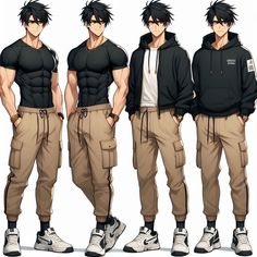 three different poses of a man in black hoodie and khaki sweatpants