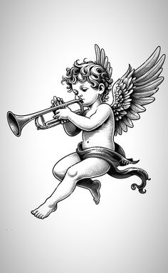 an angel with wings playing a trumpet