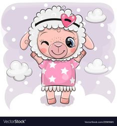 a cartoon sheep in a pink dress with stars on it's head and clouds