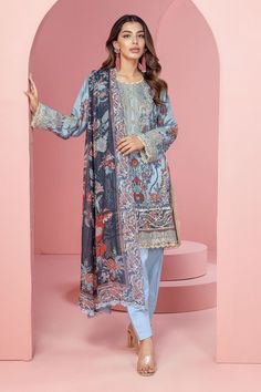 Mist Blue Pakistani Salwar Kameez Style Party Wear Salwar Suit is a breathtaking attire that will give you a chic look on the big day. Floral designs and shimmering sequins give a glamorous touch to this perfectly stitched Pakistani Party Dress. Embroidered Kameez: The kameez in chiffon fabric is emblazoned with lavish floral designs and embroidery. Beaming sequins and threads make this beautiful Lawn kameez Salwar in an alluring blue shade a perfect choice to wear to the occasion. Hanging motifs around the borders give a fancy look to this Pakistani Salwar Kameez. Lawn Trousers: Embroidered kameez is paired with trousers in Lawn to create a magnificent Pakistani Salwar Kameez. The trousers are perfectly stitched as per the customer's choice, creating a magnificent Pakistani Party Dress. C Traditional Blue Straight Kurta With Sheer Dupatta, Blue Sets With Sheer Dupatta For Diwali, Festive Straight Kurta Salwar Kameez With Sequins, Sequin Straight Kurta Salwar Kameez For Festivals, Sequin Embellished Straight Kurta Salwar Kameez For Festivals, Georgette Sequin Straight Kurta Set, Semi-stitched Sequin Kurta For Eid, Blue Unstitched Festive Sharara, Eid Chanderi Kurta With Sequins