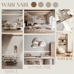 a collage of photos showing different types of furniture and decor in neutral colors, including white