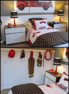 two pictures of the same bed and dresser in a bedroom with firetruck decals on the wall