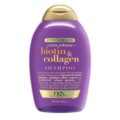 OGX Extra Strength Biotin & Collagen Shampoo is a volume-creating powerhouse with an extra helping of vitamins and proteins to pump up flat strands. Extra body doesn't mean extra weight with a thickening, sulfate-free surfactant blend of nourishing ingredients for full, voluminous hair. Biotin, or vitamin B7, is crucial for skin, nail, and hair health. Paired with collagen, this blend helps nourish hair for a full, healthy look. Be ready for a night out with extra strength conditioning designed Ogx Hair Shampoo And Conditioner, Ogx Hair Products Growth, Best Shampoo For Colored Hair Drugstore, Volume Hair Shampoo, Biotin And Collagen Shampoo, Shampoo For Fine Hair, Shampoo Design, Vitamin B7, Biotin Shampoo