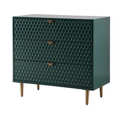 a green cabinet with two drawers and gold handles on the bottom, against a white background