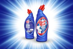 two bottles of toilet cleaner sitting side by side on a blue and white light background