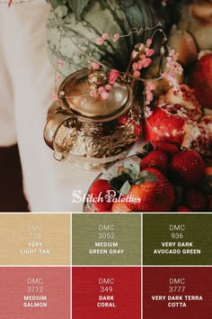 the color palette is red, green, and brown with some pink flowers on it