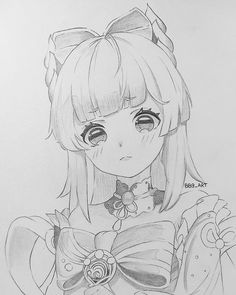 a pencil drawing of a girl with big eyes and a bow on her head,