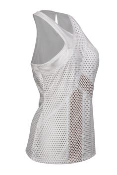 Grab this edgy layer today before it's gone! Made with perforated material and sheer mesh, this is a truly eye-catching tank from BCBG that you'll want to wear with all your favorite moto jackets, cardigans and jeans! Size M No fabric content information, most likely a cotton blend Fitted silhouette Crisscross neckline Mesh accents and perforated design Open mesh back with button closure Waist 32" Total length 26" Summer Mesh Top With Mesh Sleeves, Fitted Mesh Top With Hollow Out Details, Fitted Hollow Out Mesh Top For Spring, Stretch Hollow Out Mesh Top For Summer, Stretch Mesh Top With Hollow Out Detail, Nylon Mesh Top With Mesh Sleeves For Summer, White Mesh Top With Mesh Sleeves For Summer, Stretch Mesh Top With Hollow Out For Summer, Stretch Mesh Top With Hollow Out Details For Summer