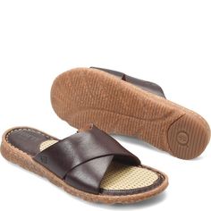 Hana Basic | Born Shoes Comfortable Slide Sandals With Leather Sole, Comfortable Leather Sole Slide Sandals, Beach Slip-on Footbed Sandals With Leather Sole, Everyday Open Toe Sandals With Woven Sole, Comfortable Beach Slippers With Leather Sole, Comfortable Slide Footbed Sandals With Rubber Sole, Natural Color Slip-on Sandals With Cushioned Footbed, Comfortable Leather Slides With Woven Sole, Casual Beach Slides With Leather Sole