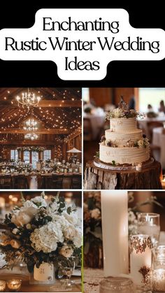 Cozy rustic winter wedding décor with wooden accents, twinkling lights, and seasonal florals. Winter Wedding Decorations Rustic, Cottagecore Winter Wedding, Log Cabin Wedding Decorations, Barn Winter Wedding, Cozy Winter Wedding Aesthetic, Winter Wedding Ideas January, Rustic Winter Wedding Decor, Small Winter Wedding Ideas, Rustic Winter Wedding Colors