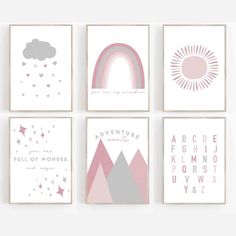 four children's wall art prints in pink, grey and white