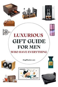 A selection of luxury gifts including a monogrammed cigar humidor, Samsung The Frame 65″ 4K UHD TV, pocket watch by Tissot, Tom Ford Private Blend, Jura coffee maker, air purifier, bamboo watch winder, crystal decanter set, Floto Parma duffel bag, record player, and a 23-piece bar set.