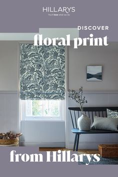 Blue floral Roman blind in a hallway with a wooden bench, cushions and a vase with dried flowers in. Foliage Print, Cool Color Palette, Winter Floral, Blue Accessories, Minimal Home, Roman Blind, Roman Blinds, Free Sample, Home Interior