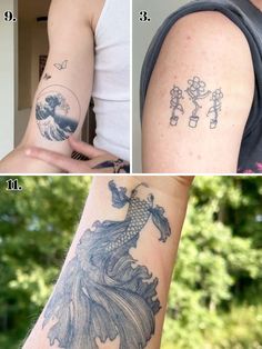 three different pictures show the same tattoo on someone's arm, and one has a fish