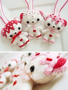 two pictures of stuffed animals with hearts on them