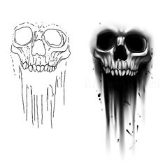 a drawing of a skull with black and white paint on it's face, next to an image of a human skull