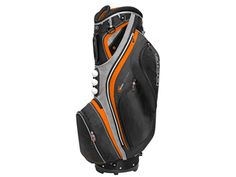 a golf bag with an orange and grey stripe on the bottom, sitting in front of a white background