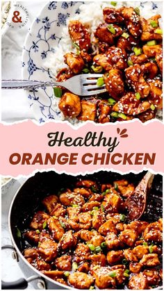 healthy orange chicken in a skillet with rice on the side and text overlay