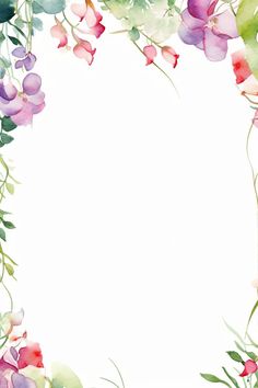 watercolor flowers and green leaves on a white background with space in the center for text