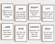 six posters with different words on them that say jump, run, squat, squat