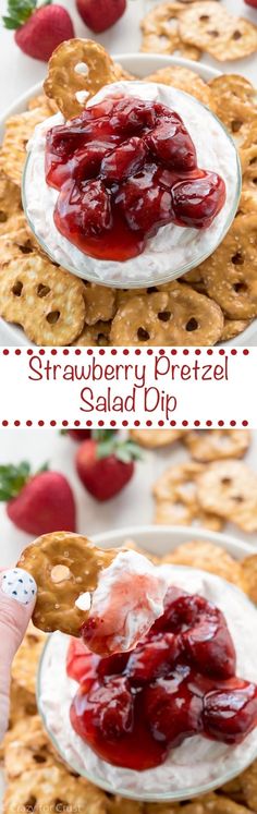 strawberry pretzel salad dip with crackers and strawberries