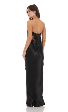 Strapless Satin Open Back Dress in Black | LUCY IN THE SKY Satin Open Back Dress, Satin Prom Dress Long, Open Back Black Dress, Black Strapless Maxi Dress, Plunging Neck Dress, Black Sparkly Dress, Prom Queen, Black Silk Dress, Lucy In The Sky