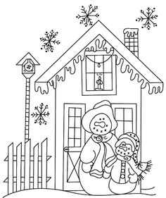 a house with snowflakes and a woman holding a child