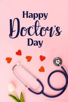 happy doctor's day card with stethoscope and flowers on pink background