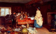 a painting of people in a room with many items on the floor