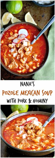 two pictures showing different types of mexican soup with pork and hominy in it