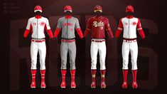 three baseball uniforms with red and white on them