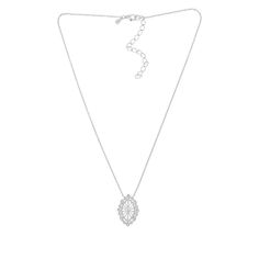 Doris Panos Sterling Silver Daphne CZ Necklace Get ready for romance with this sparkling, sterling silver CZ drop necklace. Bead-textured details and your choice of clear, blue or pink CZs make this delightful piece a great choice for chic, sophisticated dressing.       Necklace approx. 17-3/4"L x 1/16"W with 3" extender     Drop approx. 1"L x 5/8"W     Stamped .925; rhodium plating     Lobster claw clasp     Oval link chain necklace has marquise-shaped drop with open, starburst design inside Sterling Silver Teardrop Pendant Necklace For Party, Silver Charm Necklace With Oval Pendant And Clavicle Chain, Dainty Silver Sparkling Necklace, Dainty Silver Necklace With Sparkling Details, Elegant Silver Oval Drop Necklace, Silver Oval Pendant Necklace With Clavicle Chain, Silver Necklace With Oval Pendant And Clavicle Chain, Silver Pendant Crystal Necklace With Delicate Chain, Silver Clavicle Chain Necklace With Oval Pendant