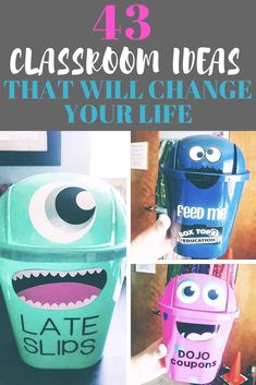 four different colored trash cans with the words 43 classroom ideas that will change your life