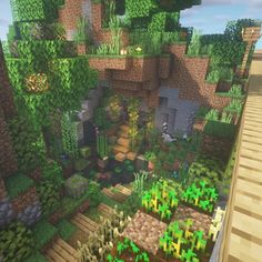 an image of a minecraft garden with lots of trees and plants on it's sides