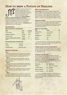 the menu for how to brew a potton of healing, with information about its ingredients