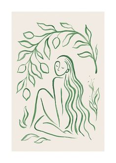 a drawing of a woman sitting under a tree with leaves on her head and eyes closed