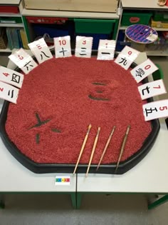 a large red rug with letters and numbers on it in the shape of a face