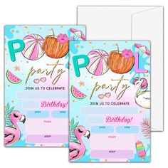 two birthday party flyers with flamingos and watermelon