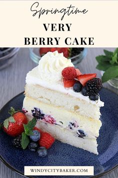 a slice of very berry cake on a blue plate